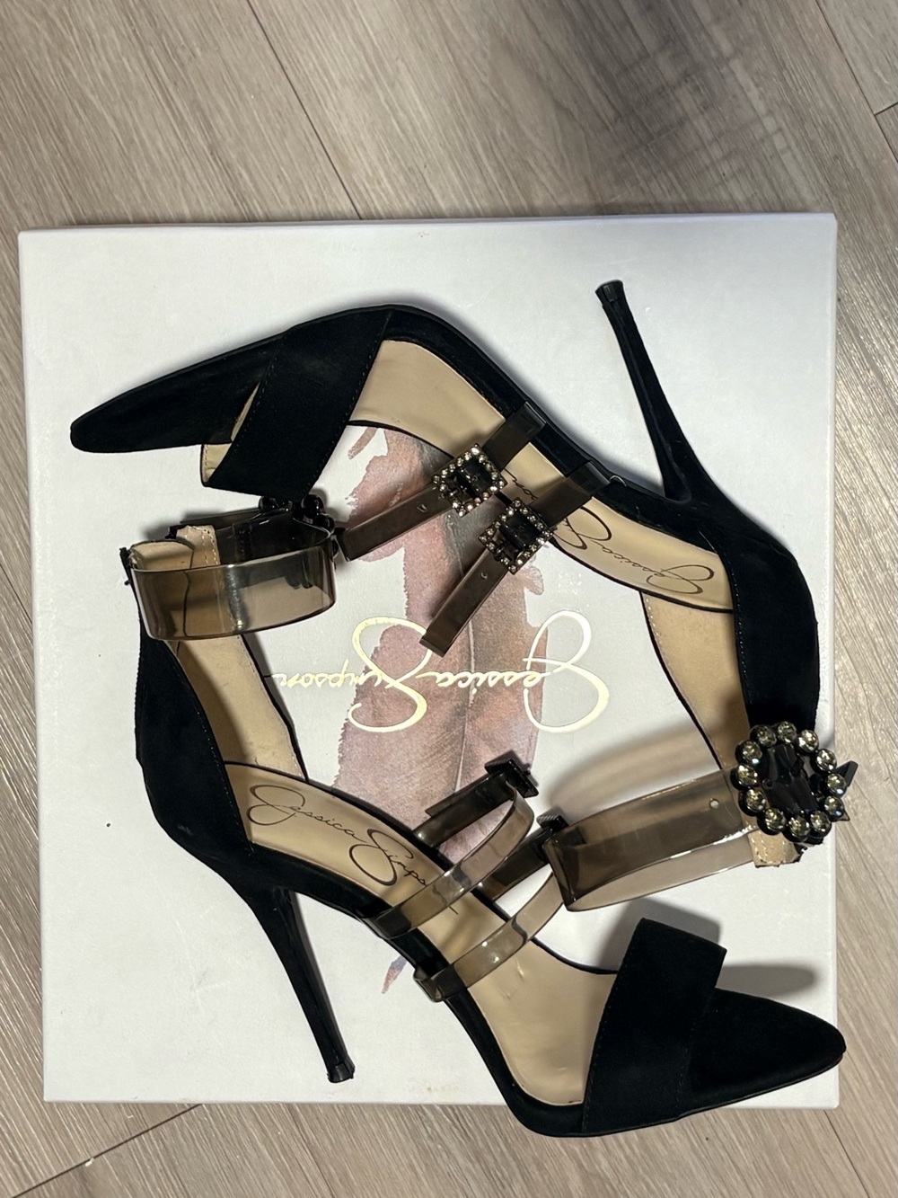 Jessica Simpson Black Suede and Clear Jewel-Strap Heels